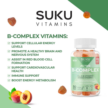 SUKU Vitamin B Complex Gummies with Vitamin C - Sugar Free, Vegan (Peach, 50 Gummies)