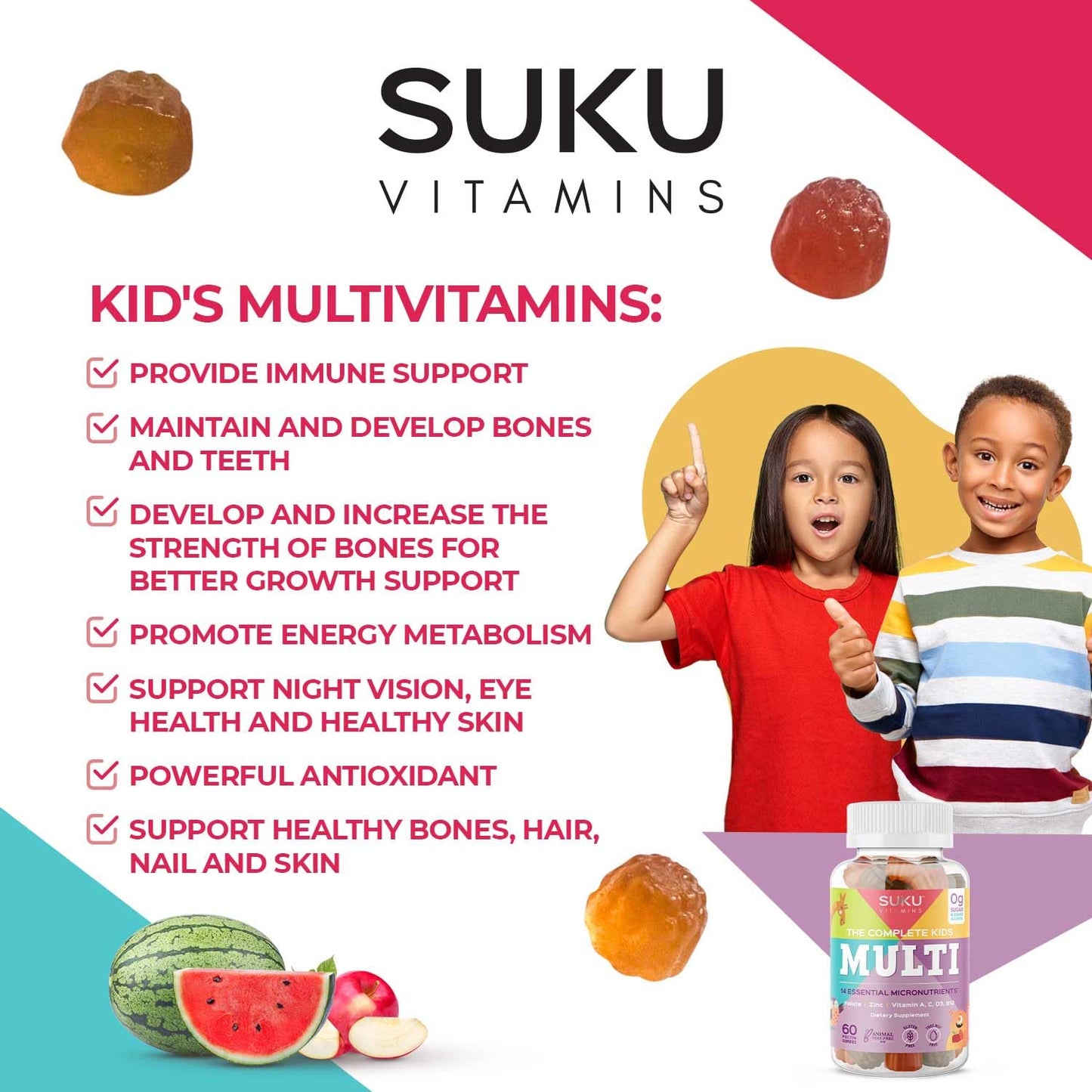 SUKU Complete Kids Multivitamin Gummies | Immune Support, 0g Sugar, Gluten-Free, Non-GMO | Tropical Bonanza Flavor – 60 Count