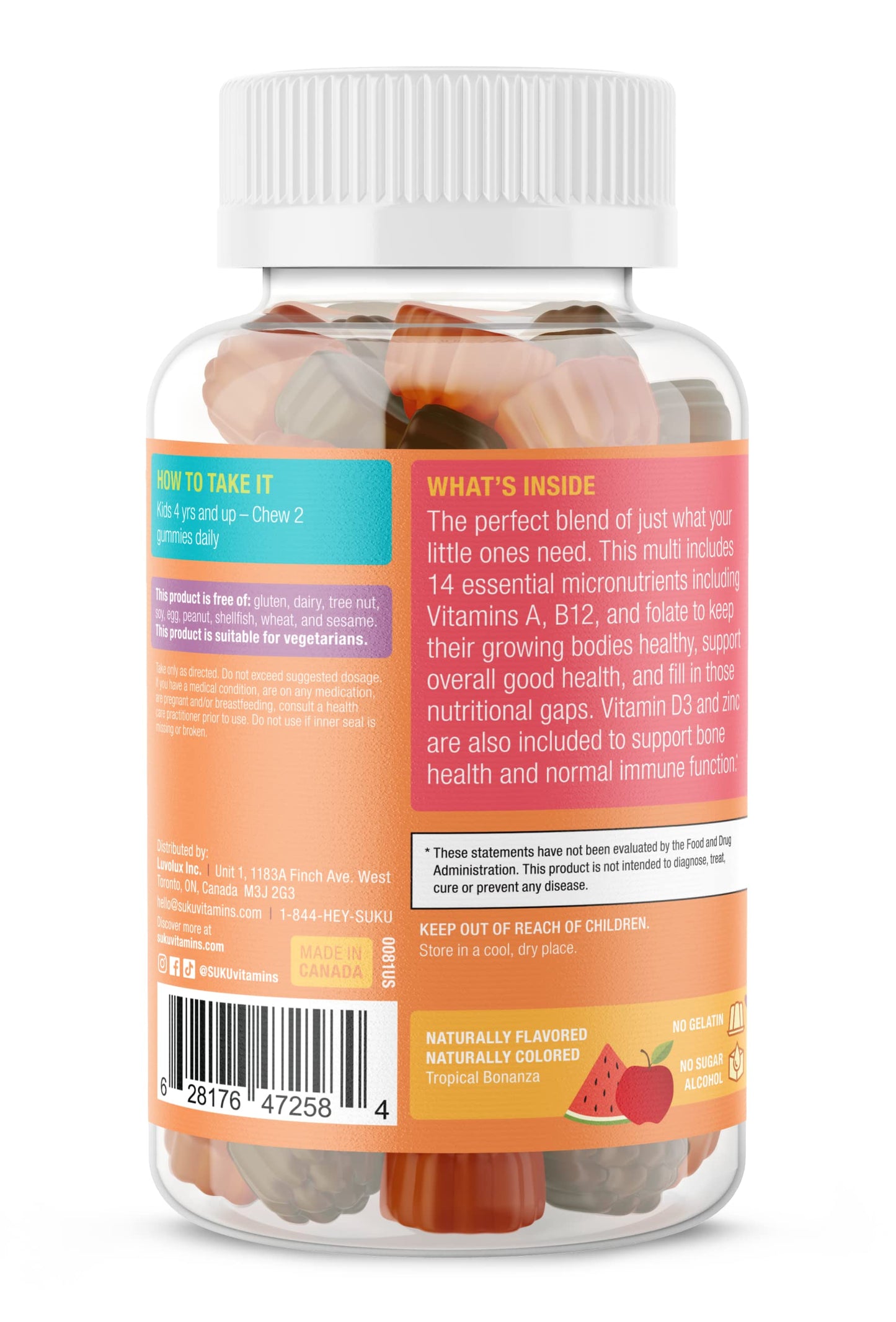 SUKU Complete Kids Multivitamin Gummies | Immune Support, 0g Sugar, Gluten-Free, Non-GMO | Tropical Bonanza Flavor – 60 Count