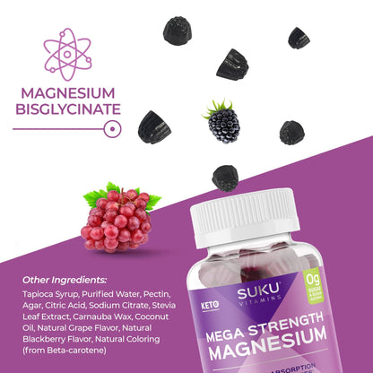 SUKU Vitamins Mega Strength Magnesium Gummies – 177 mg Bisglycinate, 50 Count