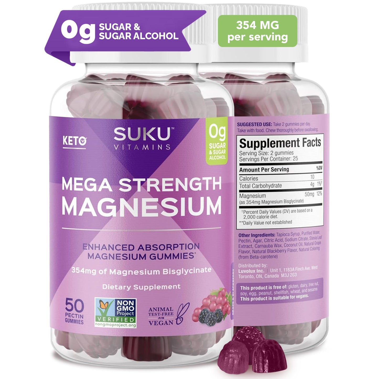 SUKU Vitamins Mega Strength Magnesium Gummies – 177 mg Bisglycinate, 50 Count