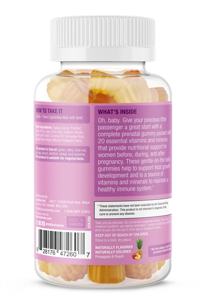 SUKU Prenatal Multivitamin Gummies – Folate, Calcium, Vitamin D3, B12, K2 | Sugar-Free, Vegetarian, Gluten-Free – Pineapple Peach Flavor – 60 Count