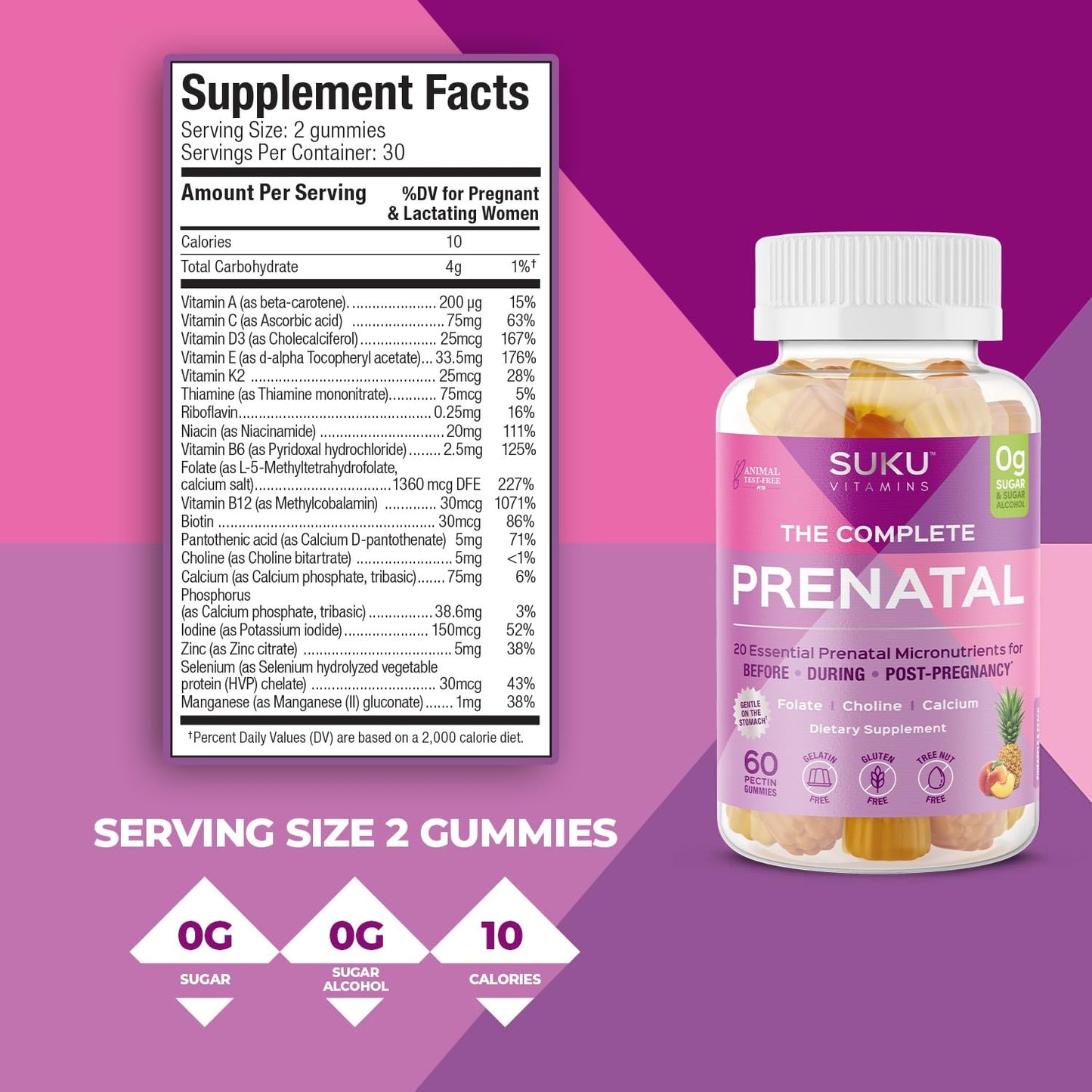 SUKU Prenatal Multivitamin Gummies – Folate, Calcium, Vitamin D3, B12, K2 | Sugar-Free, Vegetarian, Gluten-Free – Pineapple Peach Flavor – 60 Count