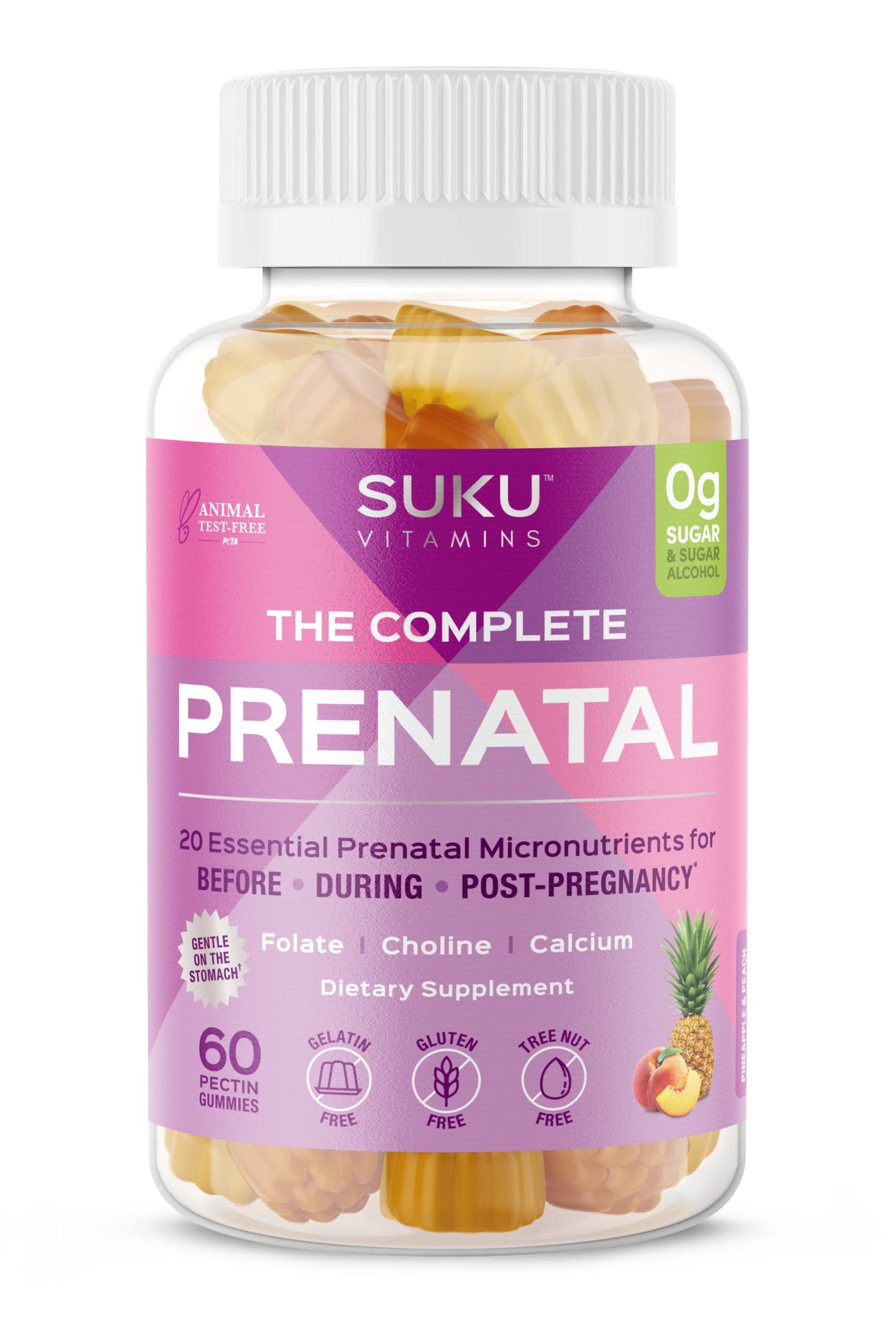 SUKU Prenatal Multivitamin Gummies – Folate, Calcium, Vitamin D3, B12, K2 | Sugar-Free, Vegetarian, Gluten-Free – Pineapple Peach Flavor – 60 Count