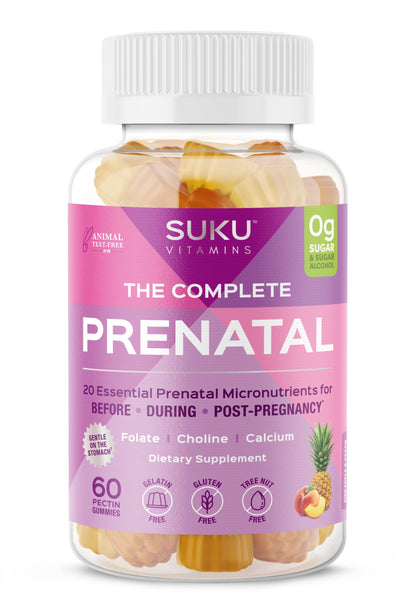 SUKU Prenatal Multivitamin Gummies – Folate, Calcium, Vitamin D3, B12, K2 | Sugar-Free, Vegetarian, Gluten-Free – Pineapple Peach Flavor – 60 Count