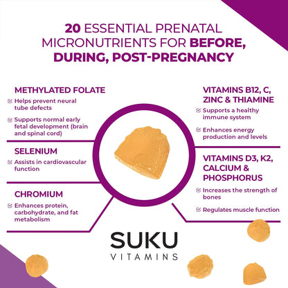 SUKU Prenatal Multivitamin Gummies – Folate, Calcium, Vitamin D3, B12, K2 | Sugar-Free, Vegetarian, Gluten-Free – Pineapple Peach Flavor – 60 Count