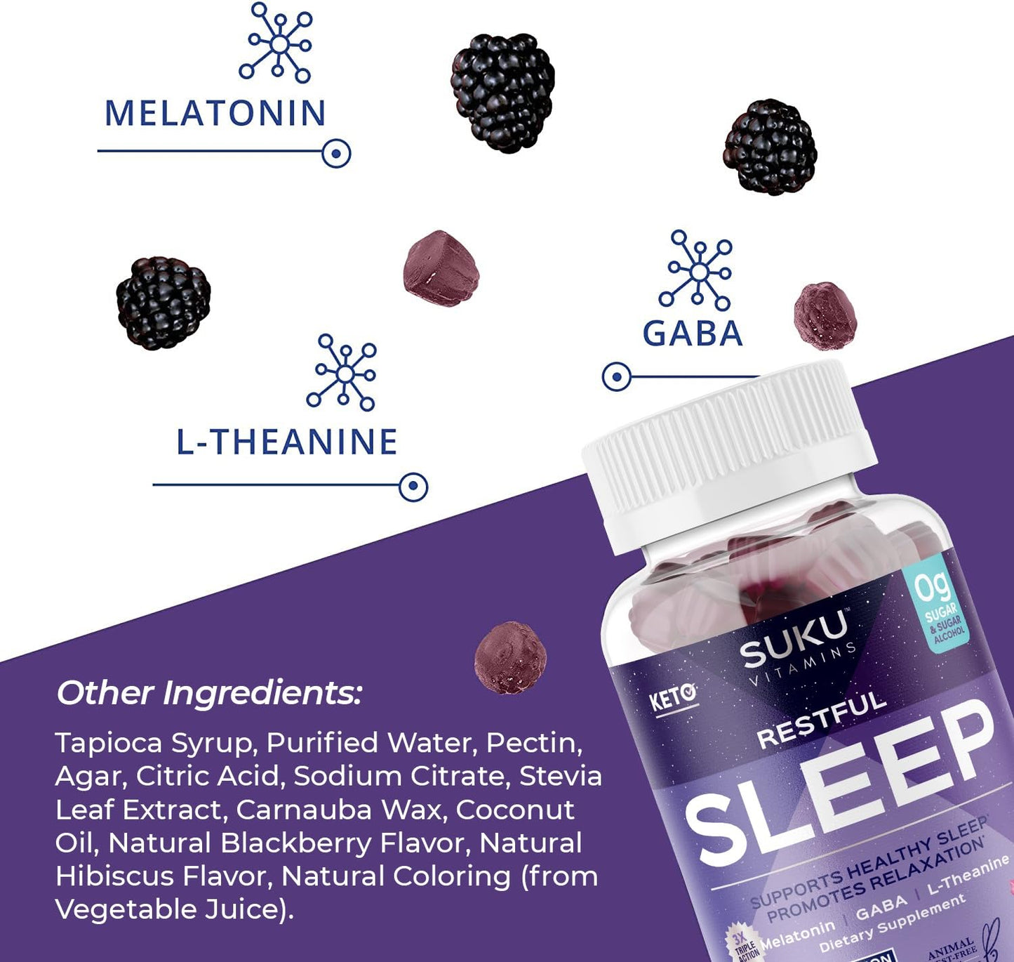 SUKU Restful Sleep Gummies – 3 mg Melatonin, L-Theanine & GABA | Vegan, Sugar-Free Sleep Support – BlackBerry-Hibiscus Flavor, Non-GMO, Gluten-Free – 50 Count
