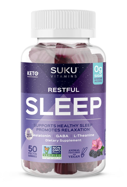 SUKU Restful Sleep Gummies – 3 mg Melatonin, L-Theanine & GABA | Vegan, Sugar-Free Sleep Support – BlackBerry-Hibiscus Flavor, Non-GMO, Gluten-Free – 50 Count