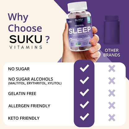 SUKU Restful Sleep Gummies – 3 mg Melatonin, L-Theanine & GABA | Vegan, Sugar-Free Sleep Support – BlackBerry-Hibiscus Flavor, Non-GMO, Gluten-Free – 50 Count