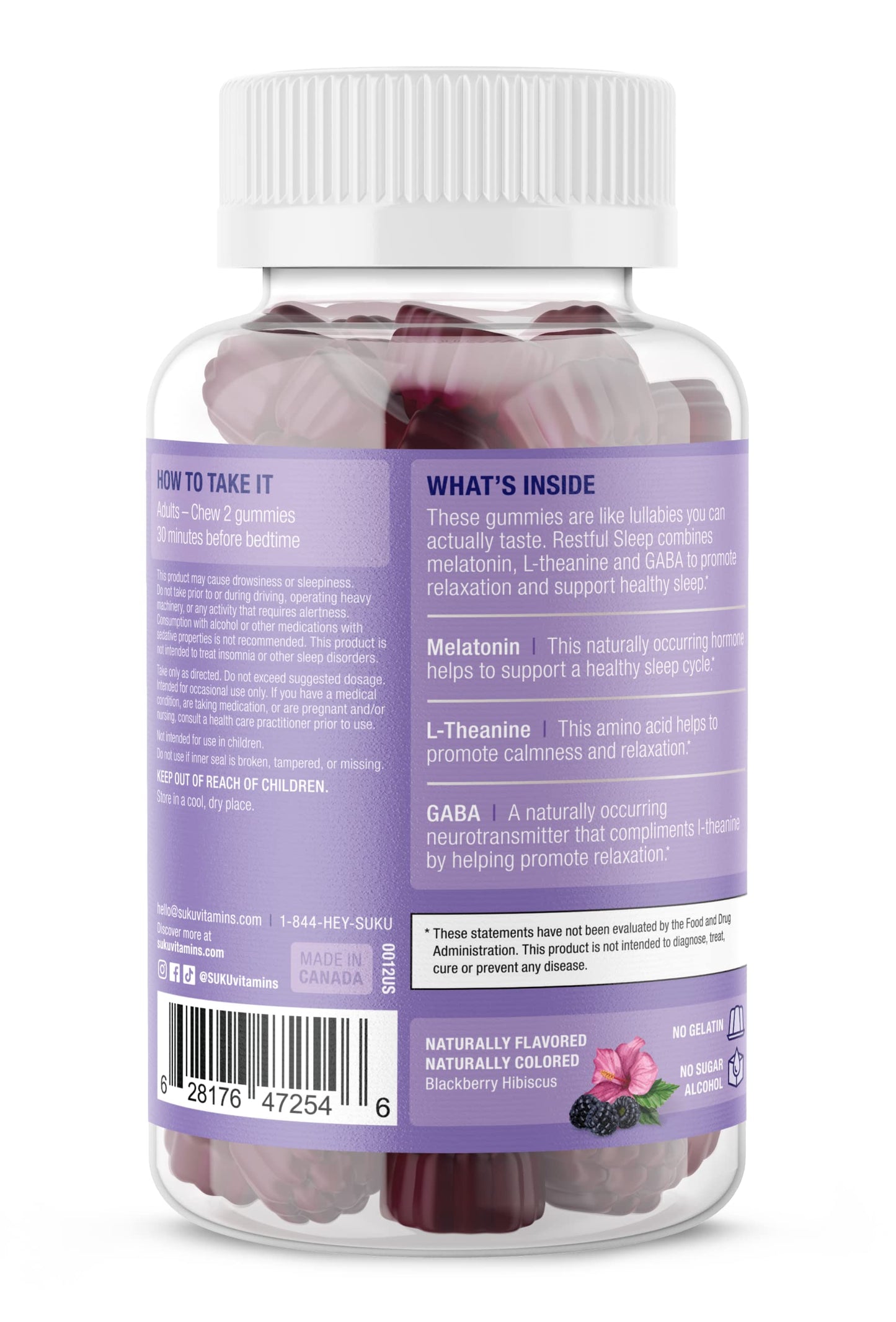 SUKU Restful Sleep Gummies – 3 mg Melatonin, L-Theanine & GABA | Vegan, Sugar-Free Sleep Support – BlackBerry-Hibiscus Flavor, Non-GMO, Gluten-Free – 50 Count