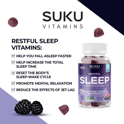 SUKU Restful Sleep Gummies – 3 mg Melatonin, L-Theanine & GABA | Vegan, Sugar-Free Sleep Support – BlackBerry-Hibiscus Flavor, Non-GMO, Gluten-Free – 50 Count