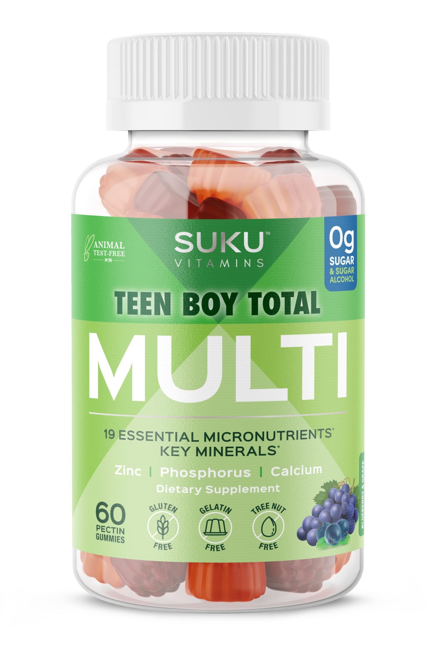 SUKU Teen Boy Multivitamin Gummies – 60 Count – Sugar-Free, Vegetarian, Grape Flavor | Vitamins A, B12, C, D3, E, Zinc & Biotin