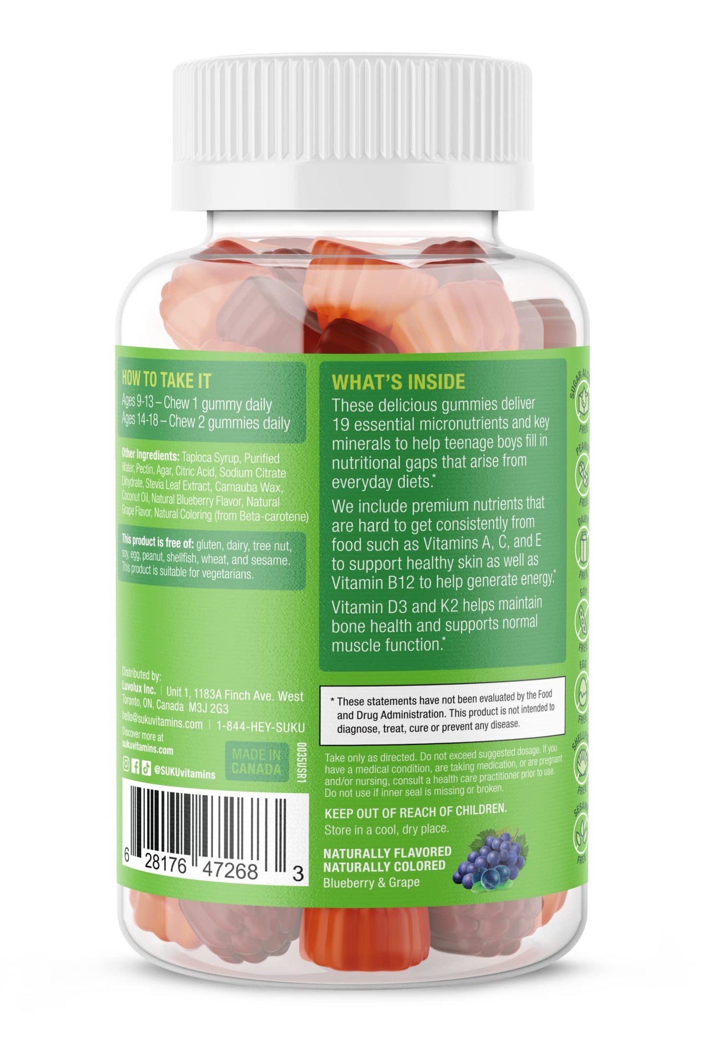 SUKU Teen Boy Multivitamin Gummies – 60 Count – Sugar-Free, Vegetarian, Grape Flavor | Vitamins A, B12, C, D3, E, Zinc & Biotin