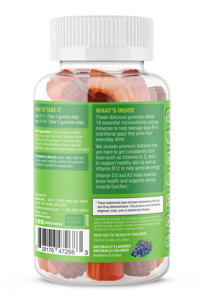 SUKU Teen Boy Multivitamin Gummies – 60 Count – Sugar-Free, Vegetarian, Grape Flavor | Vitamins A, B12, C, D3, E, Zinc & Biotin