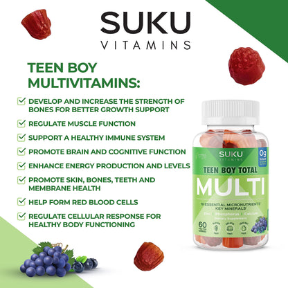 SUKU Teen Boy Multivitamin Gummies – 60 Count – Sugar-Free, Vegetarian, Grape Flavor | Vitamins A, B12, C, D3, E, Zinc & Biotin