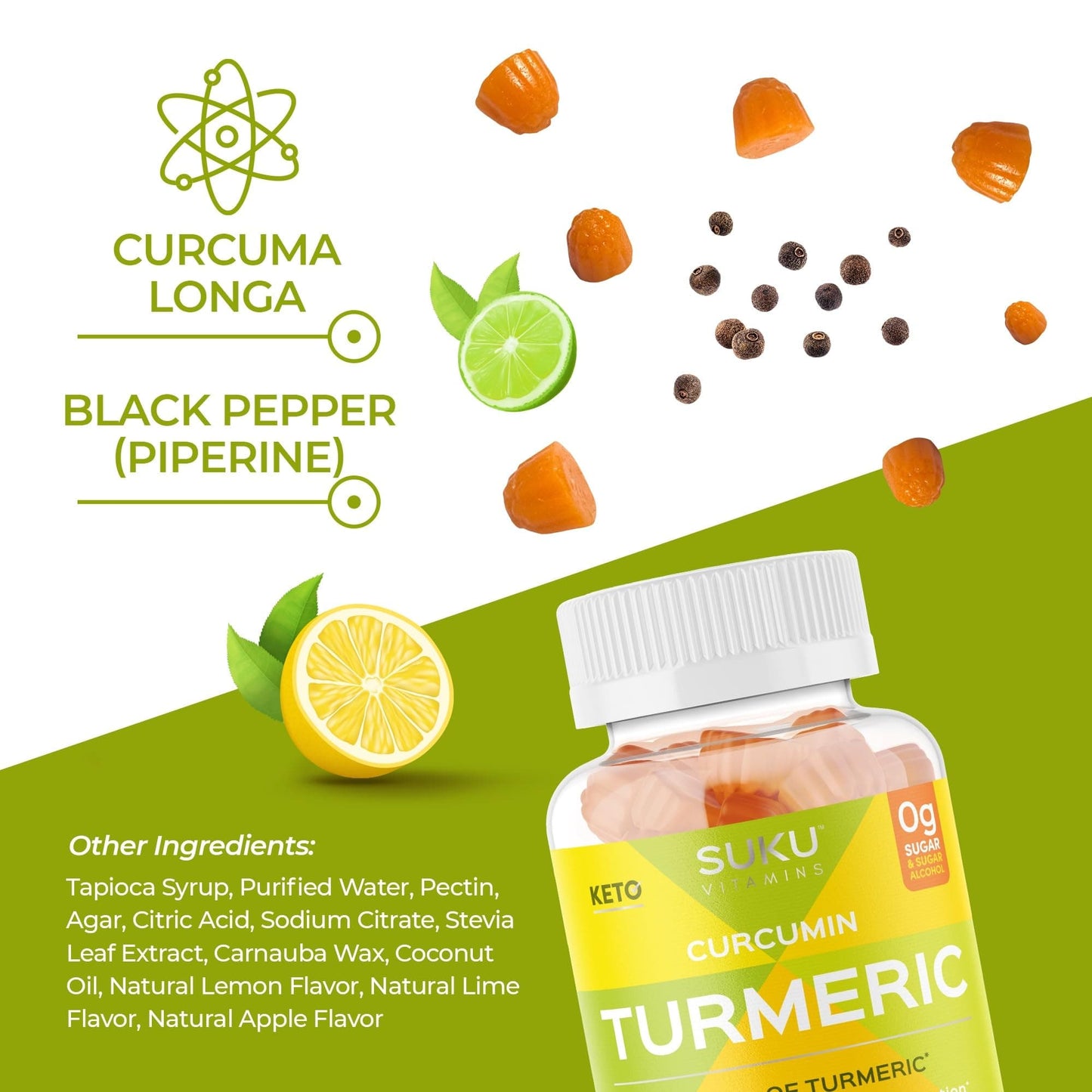 SUKU Turmeric Curcumin Gummies – Sugar Free, Black Pepper, 1003mg Turmeric (50 Gummies)