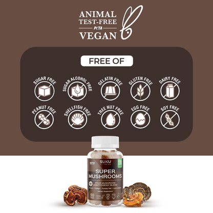 SUKU Vitamins - Super Mushroom Gummies (Reishi, Chaga, Turkey Tail & Lion's Mane) for Immunity - Espresso Flavor - 50 Count