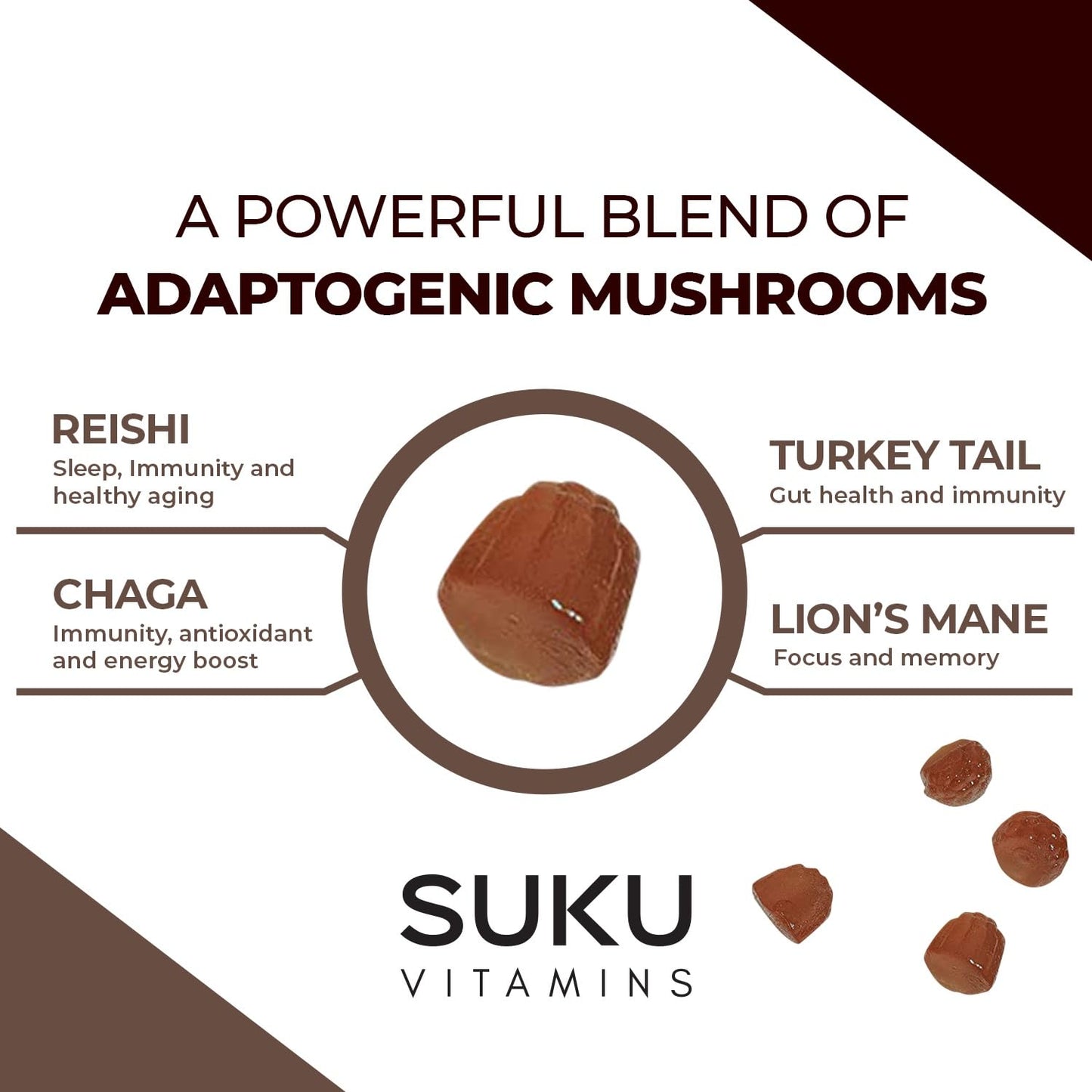 SUKU Vitamins - Super Mushroom Gummies (Reishi, Chaga, Turkey Tail & Lion's Mane) for Immunity - Espresso Flavor - 50 Count