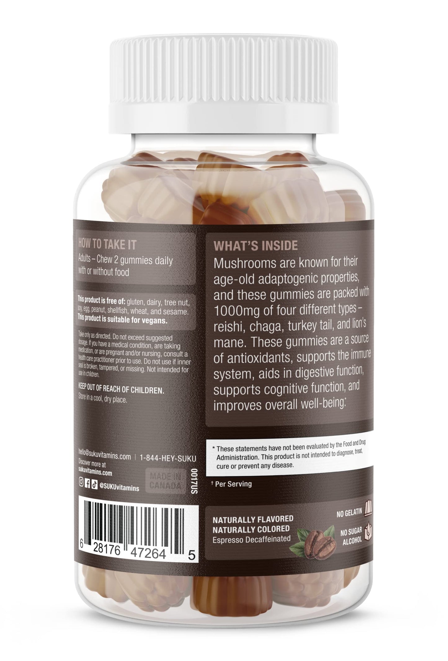 SUKU Vitamins - Super Mushroom Gummies (Reishi, Chaga, Turkey Tail & Lion's Mane) for Immunity - Espresso Flavor - 50 Count