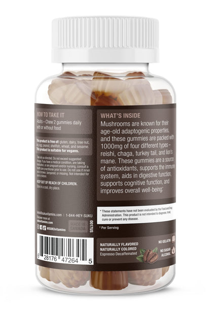 SUKU Vitamins - Super Mushroom Gummies (Reishi, Chaga, Turkey Tail & Lion's Mane) for Immunity - Espresso Flavor - 50 Count