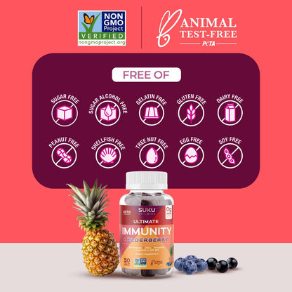 SUKU Vitamins Ultimate Immunity Gummies – Elderberry, Echinacea & Propolis, Pomegranate Lime, Non-GMO, Gluten Free, 50 Count