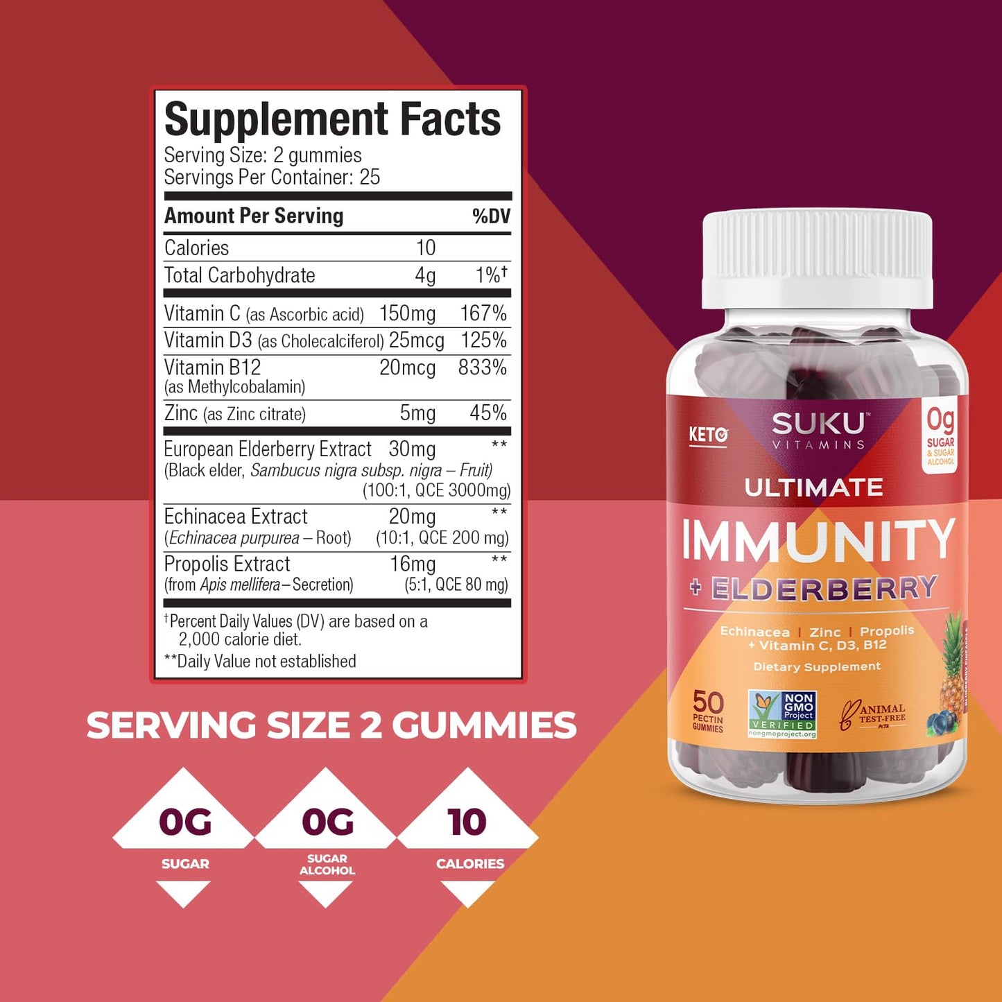 SUKU Vitamins Ultimate Immunity Gummies – Elderberry, Echinacea & Propolis, Pomegranate Lime, Non-GMO, Gluten Free, 50 Count