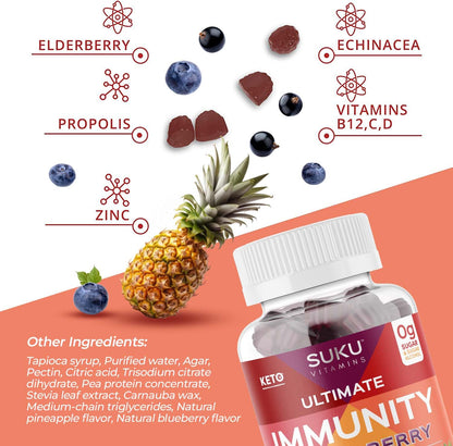 SUKU Vitamins Ultimate Immunity Gummies – Elderberry, Echinacea & Propolis, Pomegranate Lime, Non-GMO, Gluten Free, 50 Count