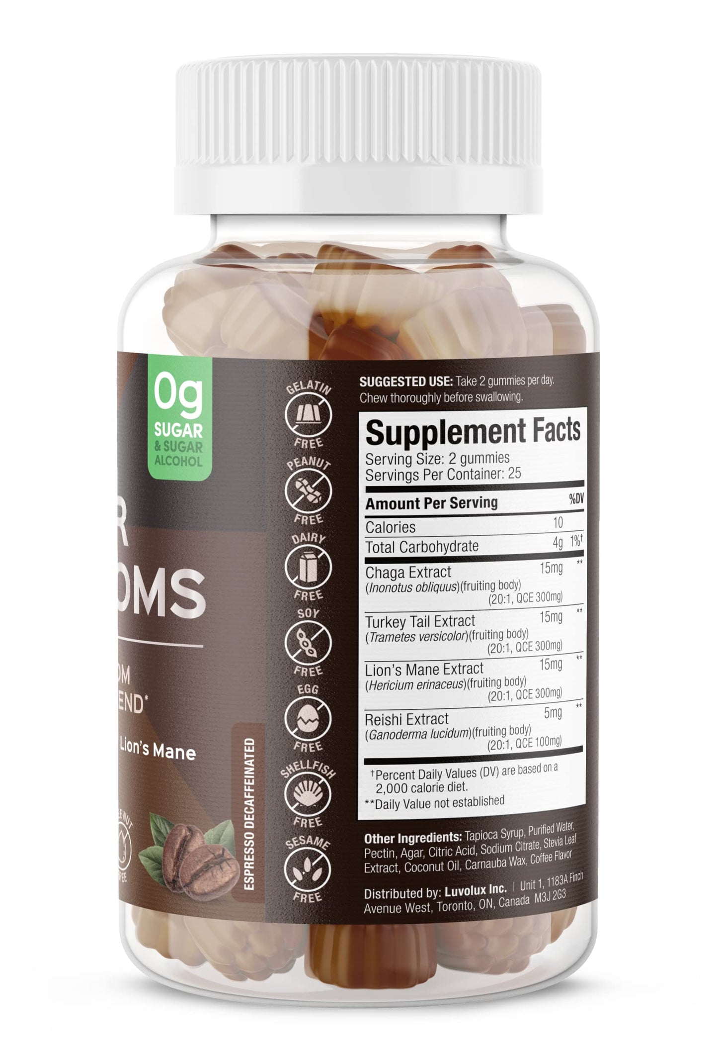 SUKU Vitamins - Super Mushroom Gummies (Reishi, Chaga, Turkey Tail & Lion's Mane) for Immunity - Espresso Flavor - 50 Count