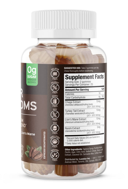 SUKU Vitamins - Super Mushroom Gummies (Reishi, Chaga, Turkey Tail & Lion's Mane) for Immunity - Espresso Flavor - 50 Count