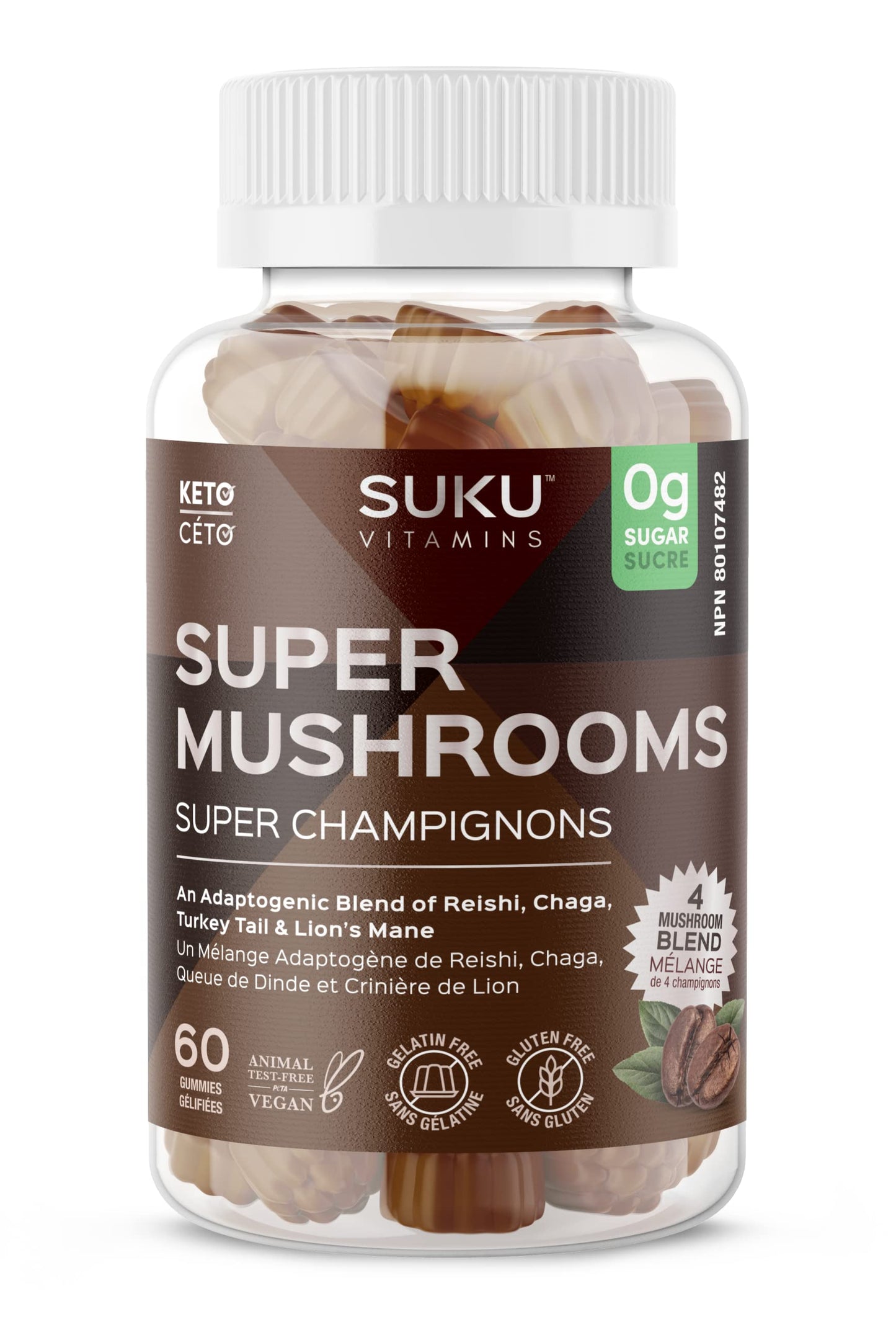 SUKU Vitamins - Super Mushroom Gummies (Reishi, Chaga, Turkey Tail & Lion's Mane) for Immunity - Espresso Flavor - 50 Count