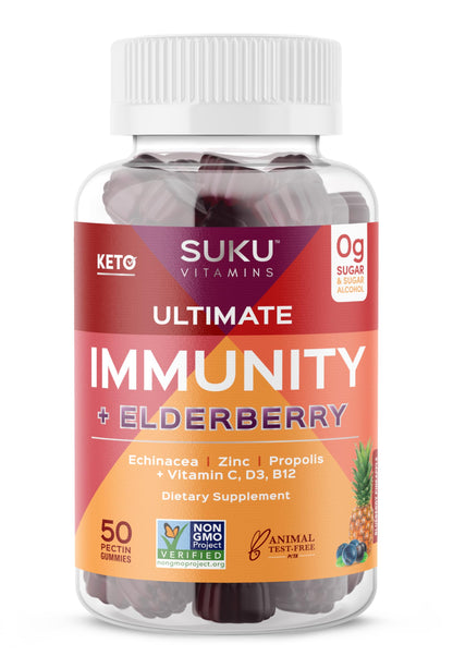SUKU Vitamins Ultimate Immunity Gummies – Elderberry, Echinacea & Propolis, Pomegranate Lime, Non-GMO, Gluten Free, 50 Count