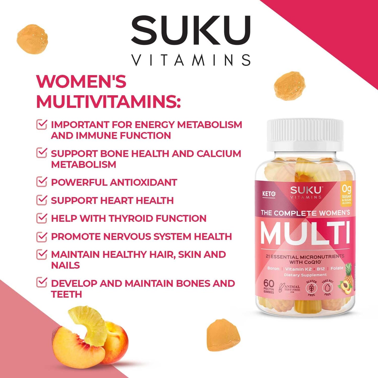 SUKU Vitamins Complete Women's Multi with Boron & K2 – Pineapple Peach Gummies (60 ct)