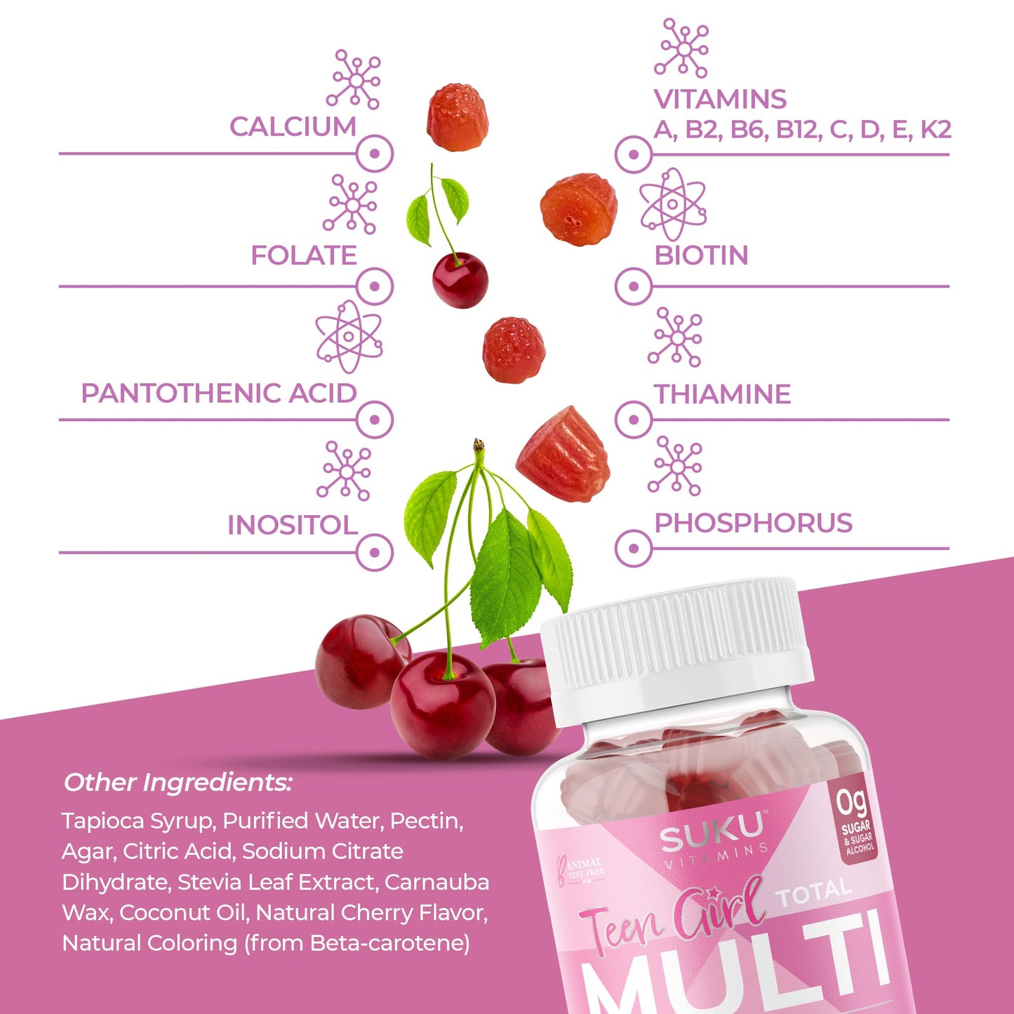 SUKU Teen Girl Multivitamin Gummies - Vitamins A, B12, C, D3, E, Biotin & Zinc