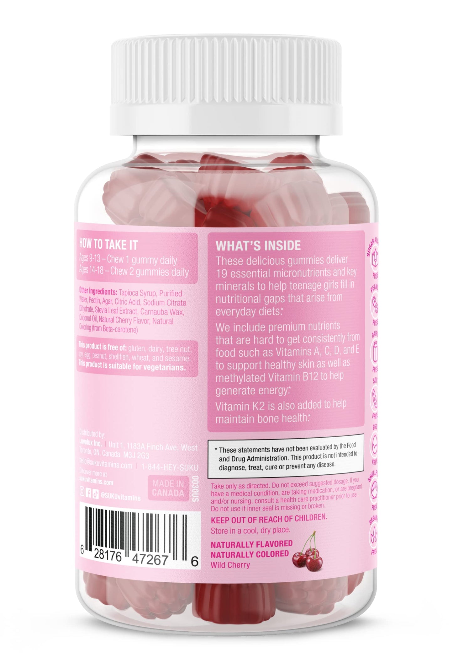 SUKU Teen Girl Multivitamin Gummies - Vitamins A, B12, C, D3, E, Biotin & Zinc