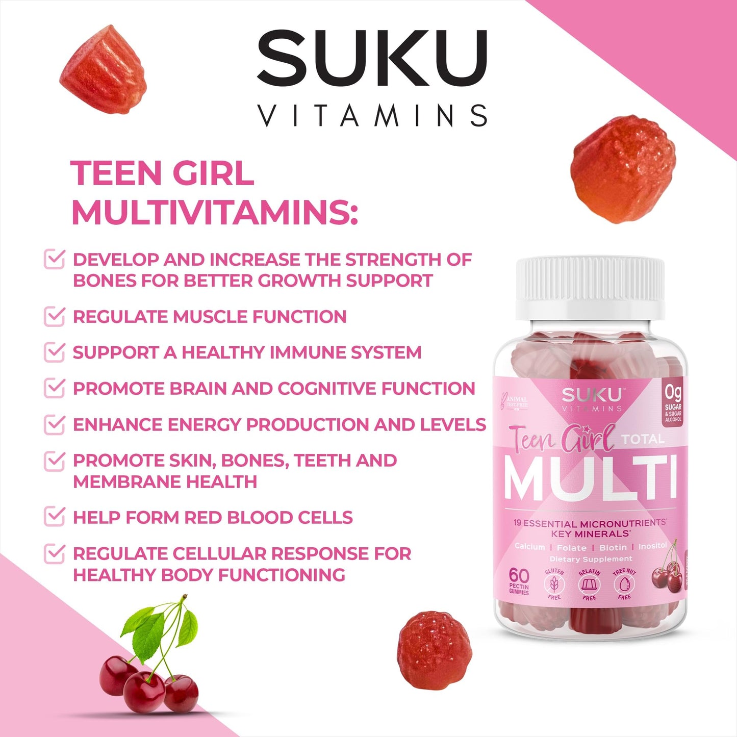 SUKU Teen Girl Multivitamin Gummies - Vitamins A, B12, C, D3, E, Biotin & Zinc