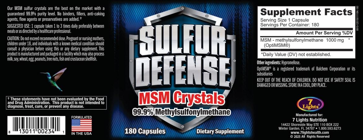 Sulfur Defense Opti-MSM 99.9% Pure MSM Powder Capsules – Made in USA, Non-GMO, Gluten-Free, 180 Caps
