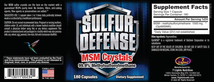 Sulfur Defense Opti-MSM 99.9% Pure MSM Powder Capsules – Made in USA, Non-GMO, Gluten-Free, 180 Caps