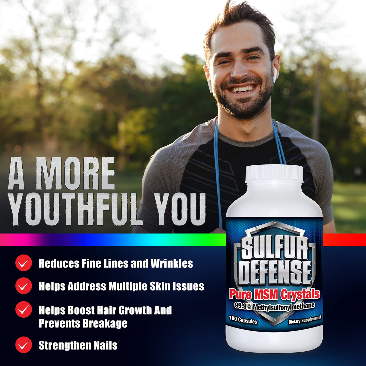 Sulfur Defense Opti-MSM 99.9% Pure MSM Powder Capsules – Made in USA, Non-GMO, Gluten-Free, 180 Caps