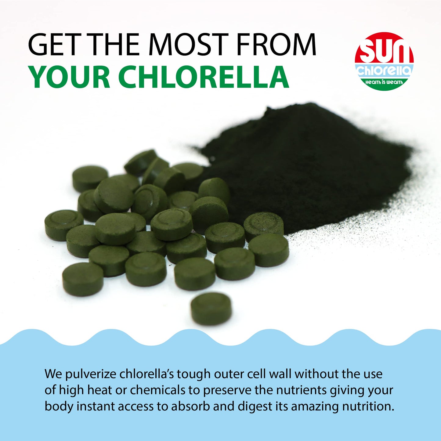 Sun Chlorella 200 mg Green Algae Superfood - Pulverized Cell Wall, CGF, B12, Iron, Protein - Non-GMO - 300 Tablets