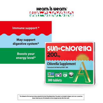 Sun Chlorella 200 mg Green Algae Superfood - Pulverized Cell Wall, CGF, B12, Iron, Protein - Non-GMO - 300 Tablets