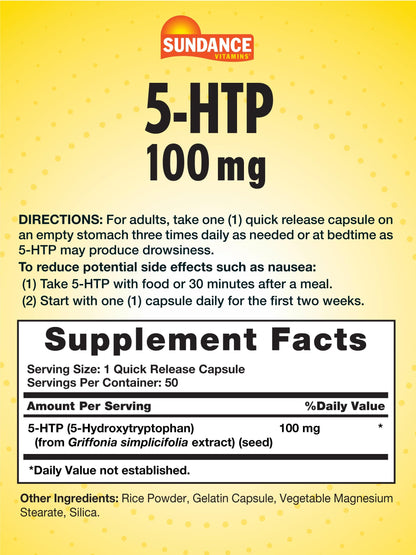 Sundance 5-HTP 100mg | 50 Capsules | 5 Hydroxtryptophan | Non-GMO & Gluten Free Supplement