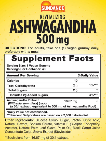 Sundance Ashwagandha Gummies | 500mg | 40 Vegan Gummies | Vegan, Non-GMO, and Gluten Free Supplement