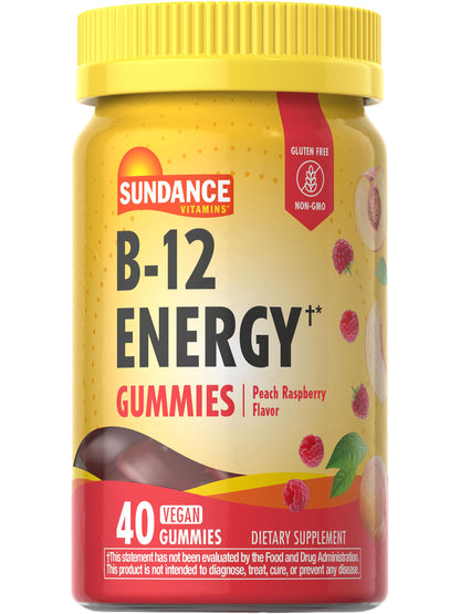 Sundance Vitamin B-12 Energy Gummies | 40 Count | Peach Raspberry Flavor | Vegan, Non-GMO, and Gluten Free Supplement