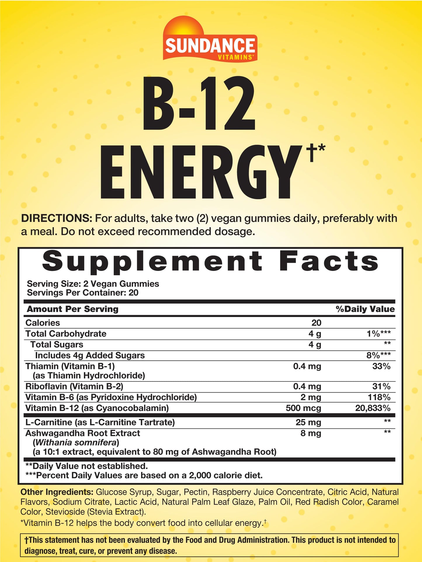 Sundance Vitamin B-12 Energy Gummies | 40 Count | Peach Raspberry Flavor | Vegan, Non-GMO, and Gluten Free Supplement