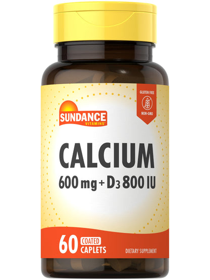 Sundance Calcium 600mg with Vitamin D3 - 60 Caplets | Vegetarian, Non-GMO, Gluten Free
