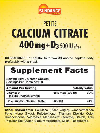 Calcium Citrate with Vitamin D3 400 mg – Sundance Vitamins | 120 Caplets | Vegetarian, Non-GMO, Gluten Free