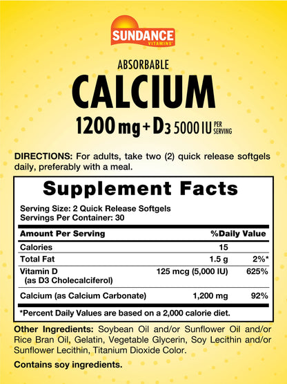 Sundance Calcium 1200 mg + Vitamin D3 5000 IU | 60 Softgels | Non-GMO & Gluten Free