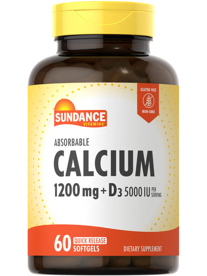 Sundance Calcium 1200 mg + Vitamin D3 5000 IU | 60 Softgels | Non-GMO & Gluten Free