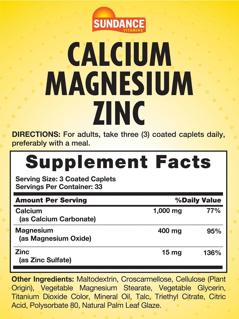 Sundance Calcium Magnesium Zinc | 100 Caplets | Essential Mineral