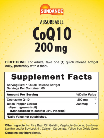 Sundance CoQ10 200mg Softgels – 60 Count, Black Pepper Extract, Non-GMO & Gluten Free